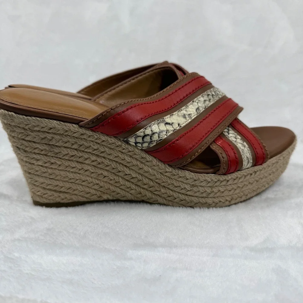 Coach Red Snakeskin Striped Espadrille Wedge Platform Sandals Slides 8.5‎ READ